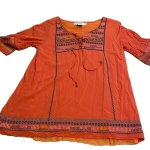 Urban Mangoz Orange Embroidered Tip Bell Sleeve Blouse Net Underlay Size M EUC